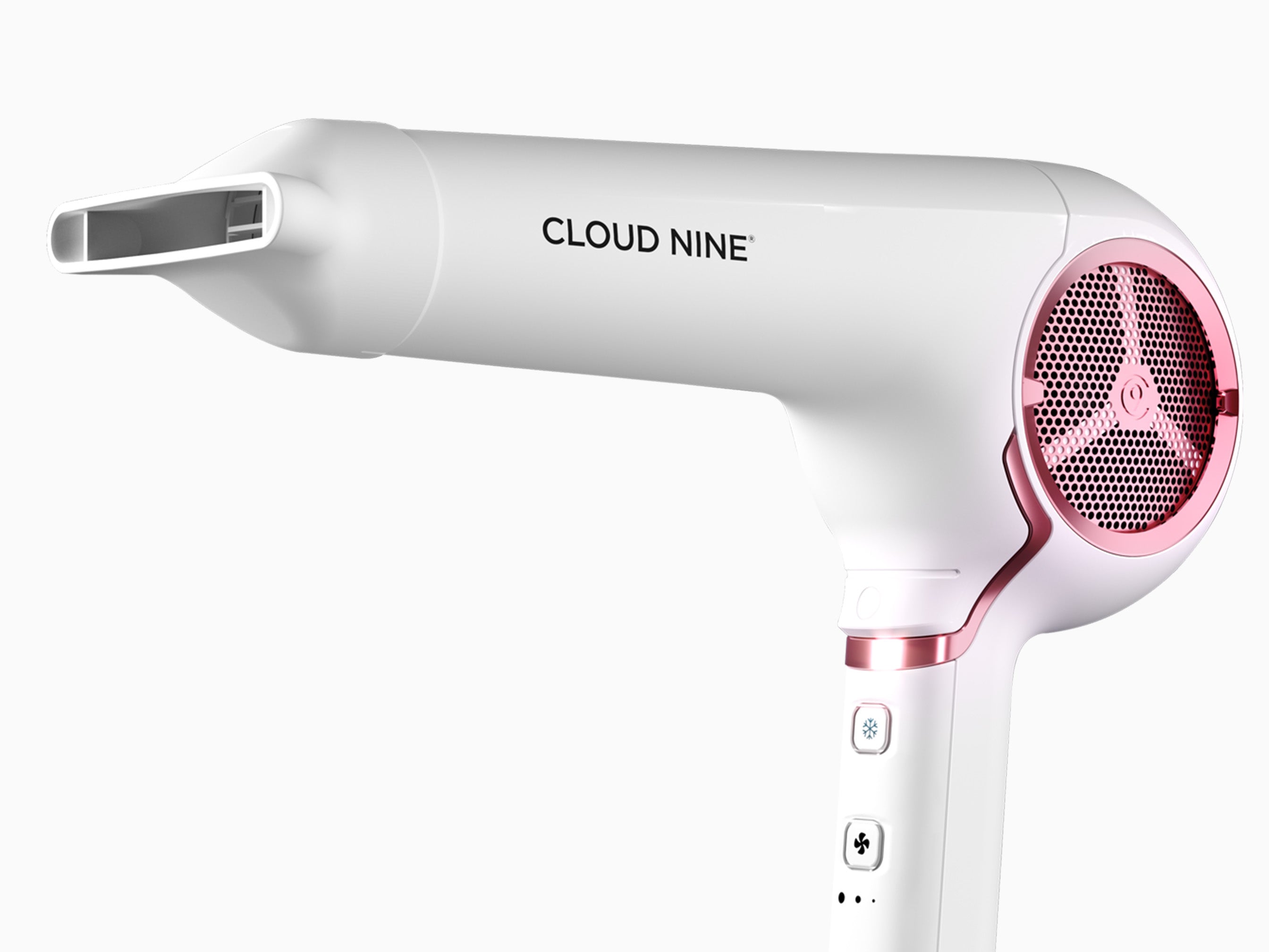 Cropped view of a white Airshot Pro with a concentrator nozzle attached. 